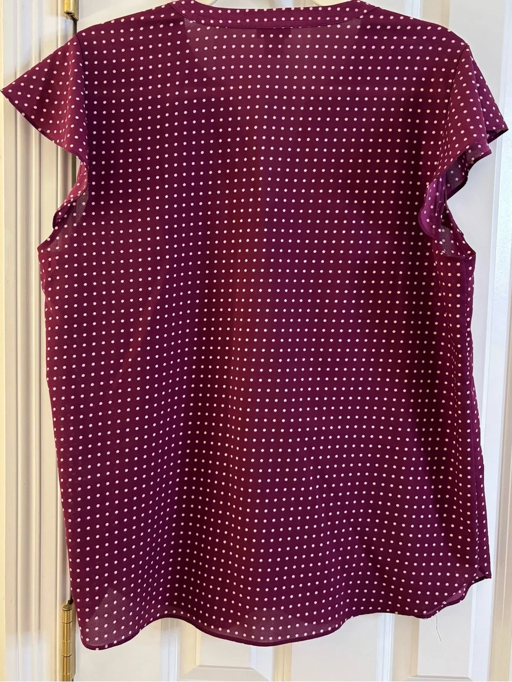J. Crew Blouse Burgundy Red White Dot Split-Neck Cap Flutter Sleeve sz 12